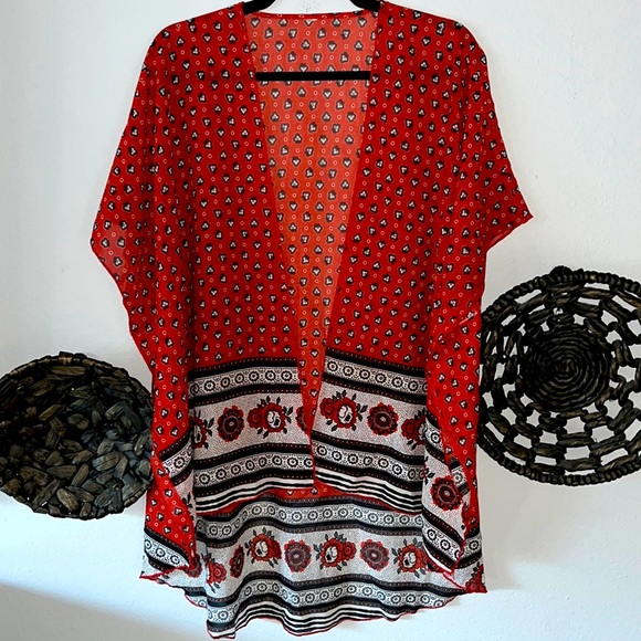Sweaters - 32. Live Red Floral Sheer Kimono Medium